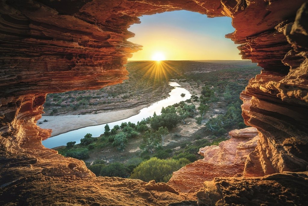 sunrise at natures window in the desert of kalbarri national park, western australia